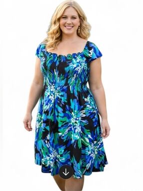 PERCEPTIONS Size 16 Blue Green Cap Sleeve Smocked Top Lettuce Trim Midi Dress